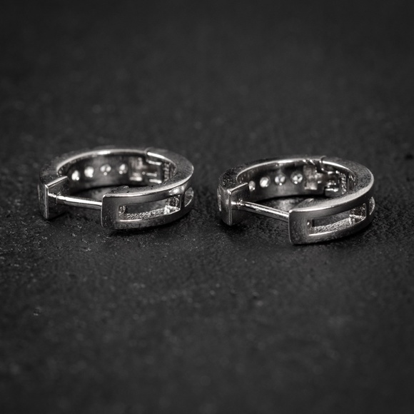 Silver Iced One Row Mens Small Hoop Earrings - Picture 5 of 5